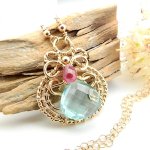 The Summer Breeze Necklace - Aqua Quartz and Pink Sapphire with 14k Goldfill Wirewrap