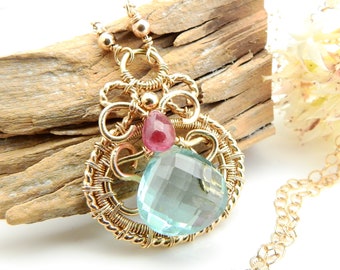 The Summer Breeze Necklace - Aqua Quartz and Pink Sapphire with 14k Goldfill Wirewrap