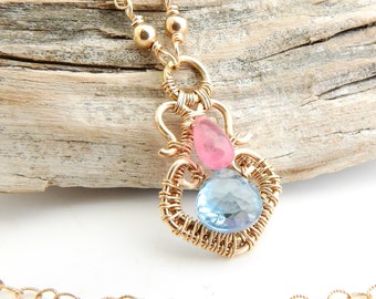 Little Bud Necklace - Sky blue topaz and pink sapphire in 14k Goldfill Wirewrap Pendant