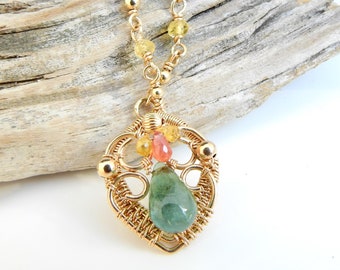 Precious Dewdrop Necklace - Emerald and Sapphire in 14k Goldfill Wrapped Pendant