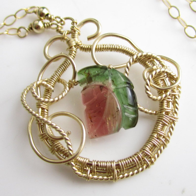 Carved Watermelon Tourmaline and 14k Gold Fill Wire Necklace image 2