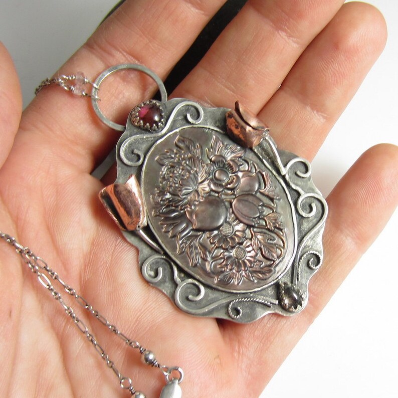 Carved Paua Shell in Sterling Silver with Tourmaline The Secret Garden Necklace