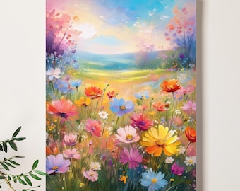 Pastell Wildblumen Feld Kunstdruck, Frühlingswiese Gemälde (digitaler Download)