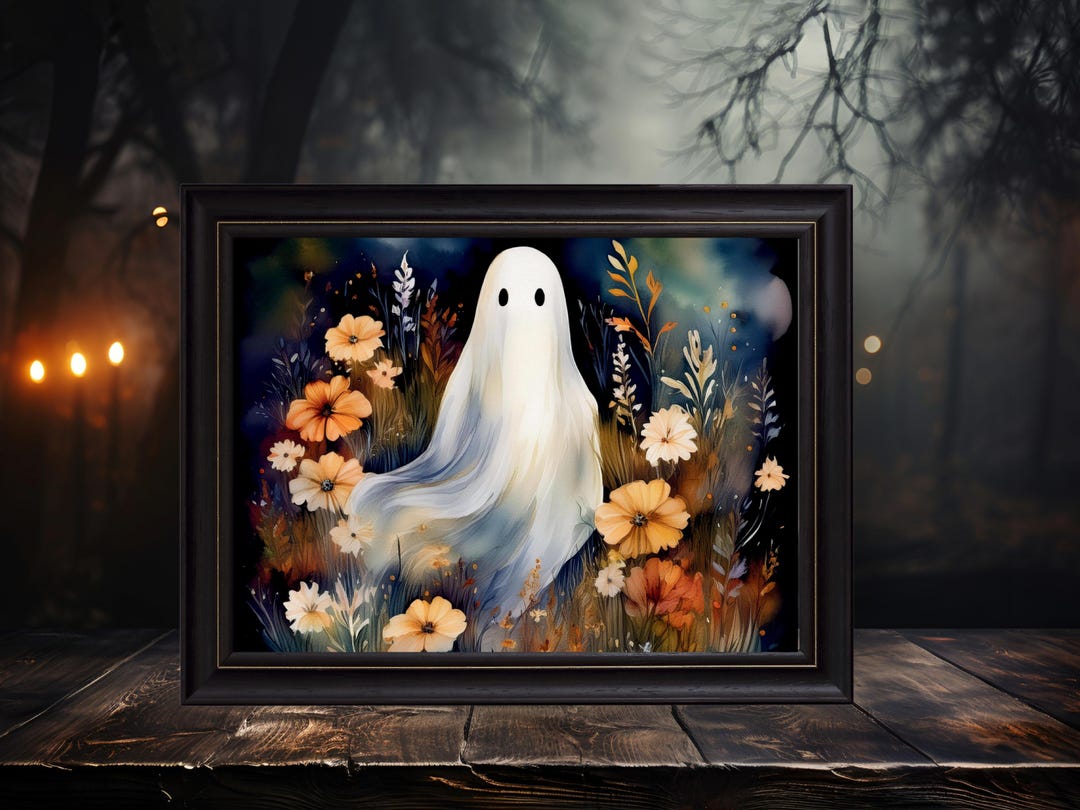 Ghost Flower Picking Halloween Art Print, Spooky Floral Decor - Etsy