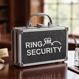 May include: A black and silver briefcase with the words "RING SECURITY" and a diamond ring graphic. The briefcase has a silver handle and corner protectors. A small gold sign reads "Official Ring Bearer HQ".