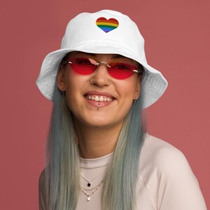Embroidered Organic Cotton Bucket Hat with Rainbow Heart  Pride Bucket Hat  LGBTQ Gift  Queer Fashion  Gender Inclusive Hat