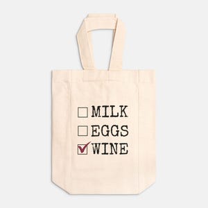 "Lustige wiederverwendbare Wein Tote ""Milch Eier Wein"" Checklist Design perfekt für Lebensmittel Weinliebhaber und umweltfreundliche Geschenke ideal für alle Gelegenheiten."