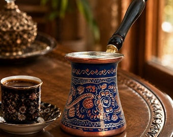Handmade Turkish Copper Coffee Pot Set, Engraved Ibrik Cezve, Traditional Brewer