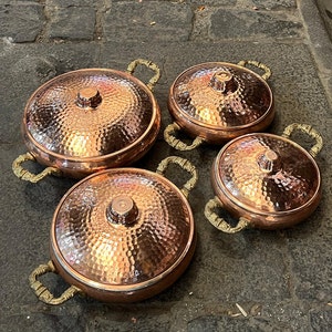 Pure Copper Cookware Set, Pure Copper Pan Set, Double Handled Serving Pan, Copper Frying Pan with Lid, Thick Copper Pans, Kitchen Decor