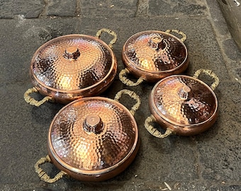 Puur koperen kookgerei, puur koperen pannenset, serveerpan met dubbele handgreep, koperen koekenpan met deksel, dikke koperen pannen, keukendecor