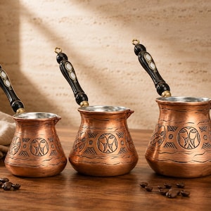 Handmade Copper Turkish Cezve, Engraved Tin-Lined Ibrik, Artisan Brewing Pot Gift