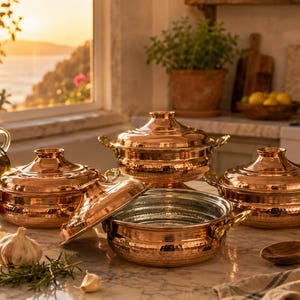 Handmade Copper Cookware Set, Tin Lined Turkish Copper Pots, Luxury Hammered Cooking Gift