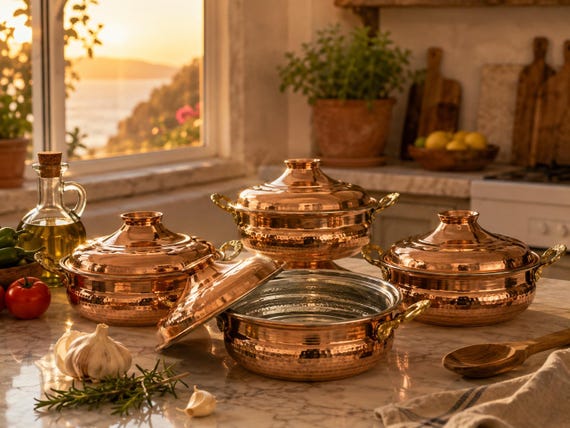 Handmade Copper Cookware Set, Tin Lined Turkish Copper Pots, Luxury Hammered Cooking Gift