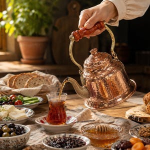 May include: A copper tea kettle with a wooden handle pours tea into a clear glass. The table is set with various breakfast foods, including bread, cheese, olives, and honey. A plant sits in the background near a window.