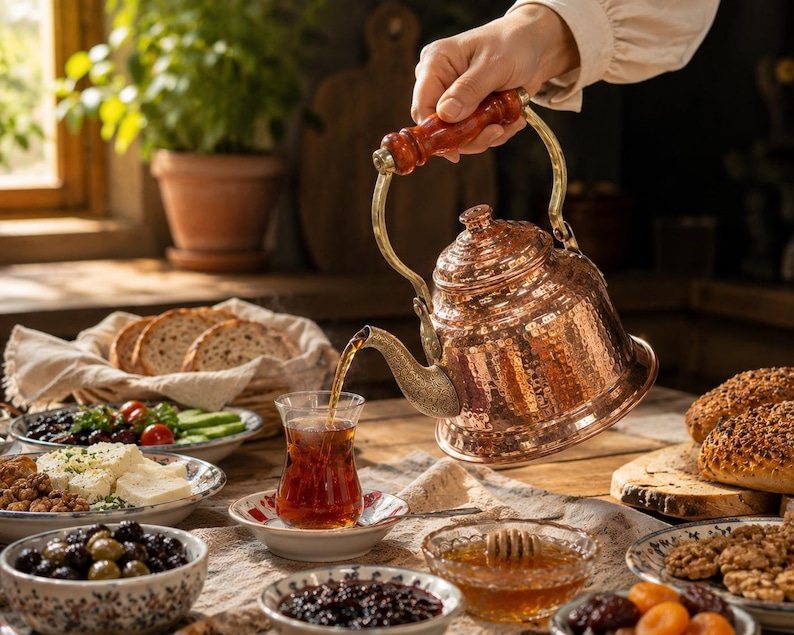 May include: A copper tea kettle with a wooden handle pours tea into a clear glass. The table is set with various breakfast foods, including bread, cheese, olives, and honey. A plant sits in the background near a window.