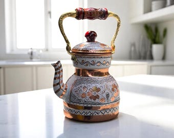 Handmade Hammered Copper Teapot | Engraved Ottoman Style Tea Kettle | Vintage Stovetop Tea Pot | Boho Kitchen Decor | 1.37 Qt Capacity