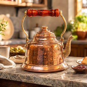 May include: A hammered copper tea kettle with a wooden handle and brass accents sits on a kitchen countertop. The kettle has a decorative spout and lid. The kitchen setting includes a cup, a bowl of olives, and a plate of bread.