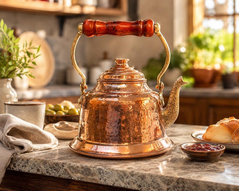 May include: A hammered copper tea kettle with a wooden handle and brass accents sits on a kitchen countertop. The kettle has a decorative spout and lid. The kitchen setting includes a cup, a bowl of olives, and a plate of bread.