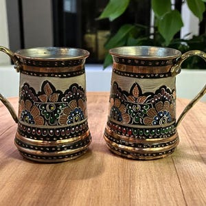 Handmade Turkish Copper Mug with Brass Handle – 400 ml (13.5 oz) Ottoman Floral Pattern – Vintage Tea Coffee Cup – Gift & Decor Idea