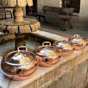 Handmade Turkish Copper Cookware Set, 4-Piece Hammered Tin-Lined Copper Pots with Brass Handles, Traditional Artisan Kitchen Decor