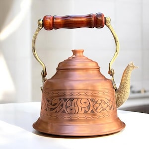 Hand Engraved Copper Teapot | Vintage Turkish Coffee Pot | Brass Spout, Wooden Handle | Antique Decorative Copper Kettle