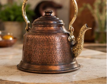 Handmade Copper Tea Kettle, Turkish Copper Teapot, Vintage Copper Kettle, Herbal Tea Pot, Rustic Kitchen Decor, Tea Lover Gift