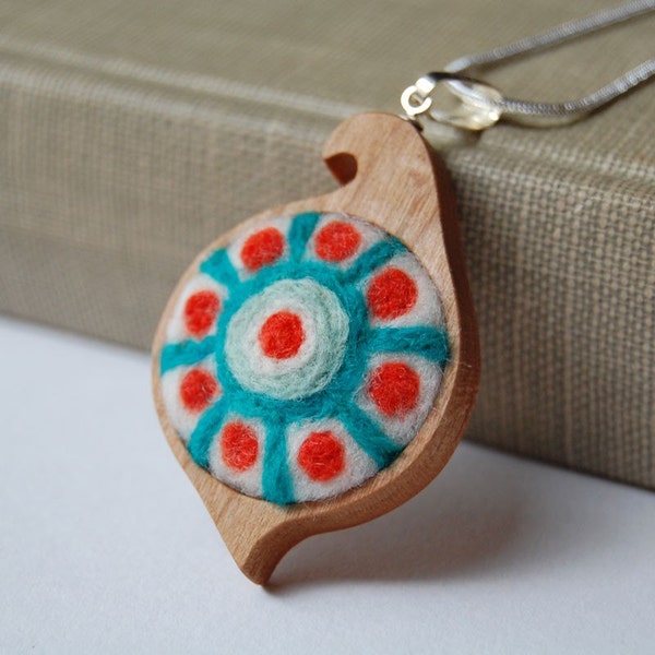 Abstract Retro Flower (Felt and Cherry Wood Pendant on Sterling Silver Chain)