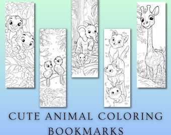 May include: Set of 15 black and white coloring bookmarks featuring cute animal illustrations. Each bookmark is 2 inches by 6 inches.  The animals include a giraffe, a cat, an elephant, and a bird.