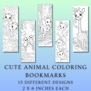 Cute Animal Bookmarks, 15 Coloring Bookmarks, Children&#39;s Coloring Bookmarks, Animals, Instant Digital Download