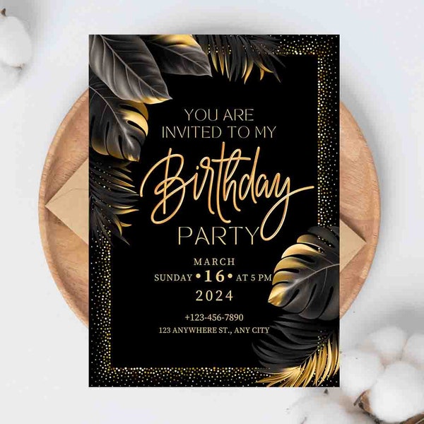 Elegant Black and Gold Birthday Party Invitation Template - Digital Download, Printable, Modern Chic Celebration, Customizable Event Card