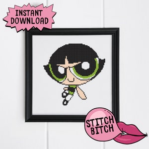 Cartoon Cross Stitch Pattern - Powerpuff Girls Buttercup - Nostalgic Cross Stitch Chart - Instant PDF