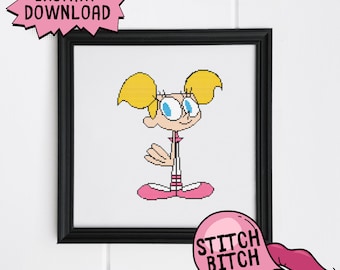 May include: Cross-stitch pattern featuring a cartoon character with blonde hair, blue eyes, and a pink dress. The character is from the animated series Dexter's Laboratory. The pattern is titled "Stitch Bitch".