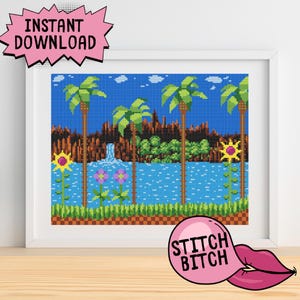 May include: A pixelated cross-stitch pattern of a tropical landscape with palm trees, waterfalls, and flowers. The pattern is in shades of blue, green, yellow, and pink. The text "Stitch Bitch" is visible in the lower right corner.