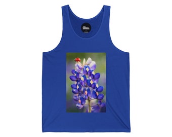 Unisex Jersey Tank, Bluebonnet with a Ladybug