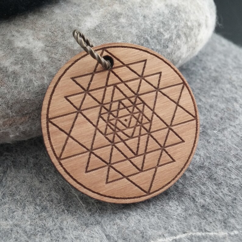 Navayoni Chakra Sri Yantra Alderwood Pendant 32mm Lightweight Wood Laser Cut Pendant Ready To Ship Naos