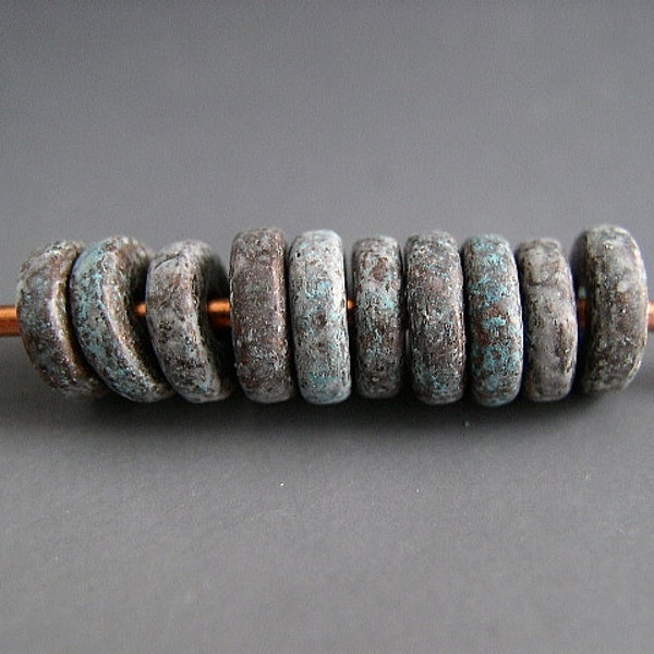 Mykonos Beads 8mm Antiqued Copper Light Verdigris Green Patina Spacers Donuts Rondels Rondelles Naos