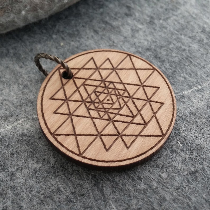 Navayoni Chakra Sri Yantra Alderwood Pendant 32mm Lightweight Wood Laser Cut Pendant Ready To Ship Naos
