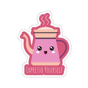 Sticker café mignon, jeu de mots expresso, sticker cafetière rose, tasse à expresso kawaii, sticker original pour ordinateur portable, cadeau unique pour amateur de café