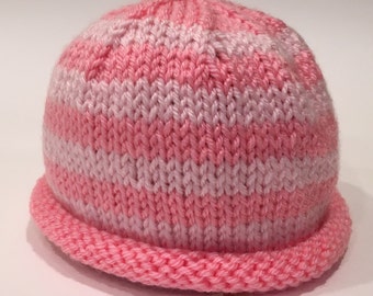 Pink + Light Pink 0-3m Knit Baby Hat - Handmade - READY TO SHIP