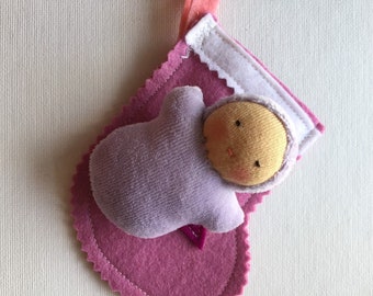 Pink Waldorf doll, Christmas Stocking ornament for Waldorf dolls, with mini pocket doll, Waldorf toys