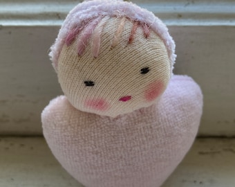 pink doll // Waldorf Pocket doll with pink hair // rag doll // heart shaped // baby doll // Waldorf toy // stuffed toy