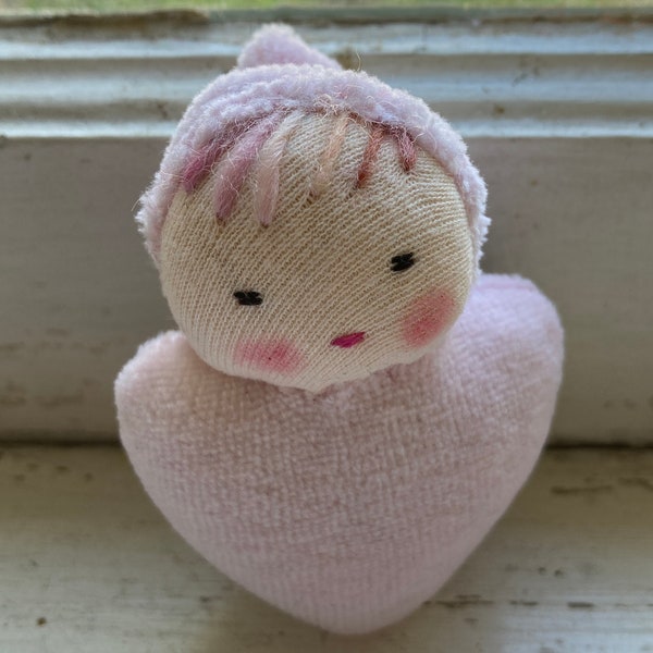 pink doll // Waldorf Pocket doll with pink hair // rag doll // heart shaped // baby doll // Waldorf toy // stuffed toy