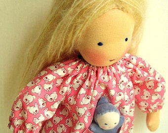 14 15 inch Waldorf doll clothes, Bunny Pocket Dress and Miniature Doll