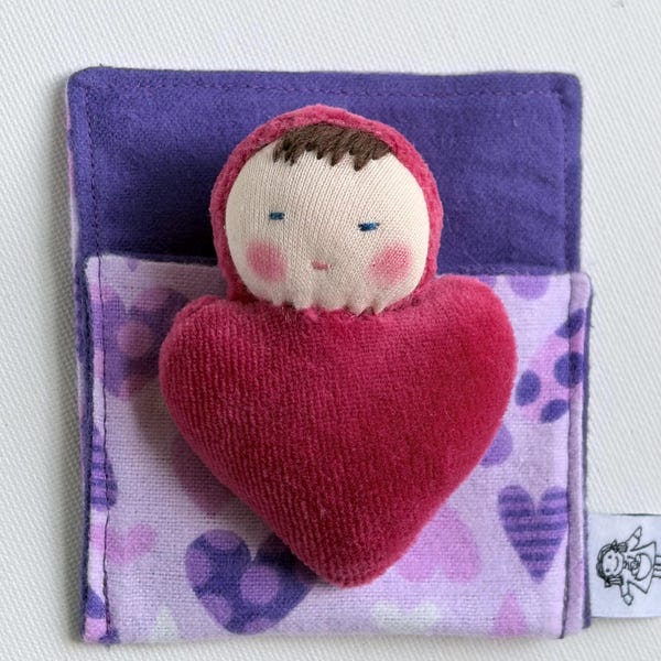 Red Heart Waldorf Pocket Doll, Cotton Velour, Wool Stuffed, Miniature Baby Doll