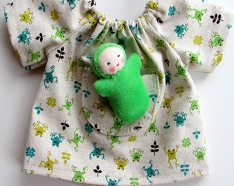 green frogs dress, 10 - 12 inch, handmade doll clothing for Waldorf dolls