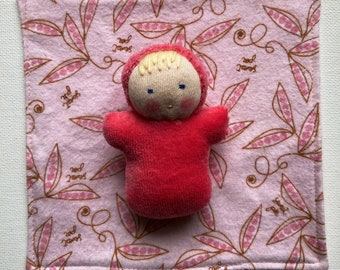 small pink pocket doll // Waldorf baby with miniature blanket // natural fiber handmade toy // blonde blue eyed