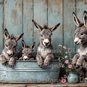 May include: Three baby donkeys, two in a blue metal tub and one sitting on the ground, in front of a rustic blue wood background with flowers.