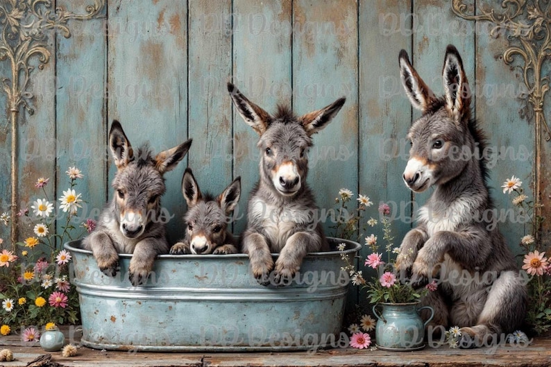 May include: Three baby donkeys, two in a blue metal tub and one sitting on the ground, in front of a rustic blue wood background with flowers.