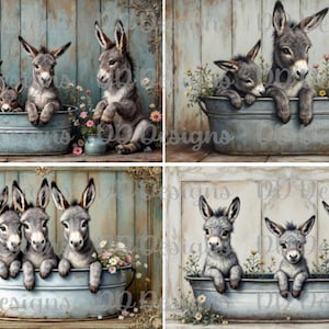 May include: Three adorable baby donkeys are enjoying a bath in a vintage galvanized tub. The tub is surrounded by lush greenery and flowers. The donkeys are all looking at the camera with curious expressions.