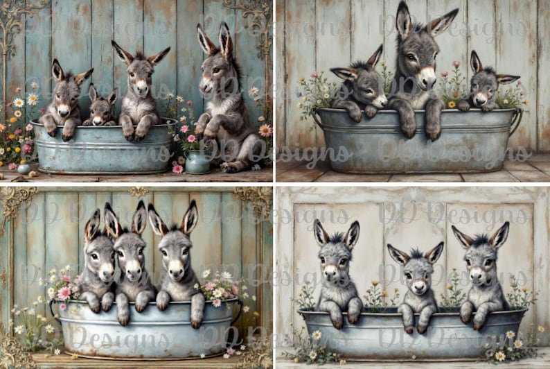 May include: Three adorable baby donkeys are enjoying a bath in a vintage galvanized tub. The tub is surrounded by lush greenery and flowers. The donkeys are all looking at the camera with curious expressions.